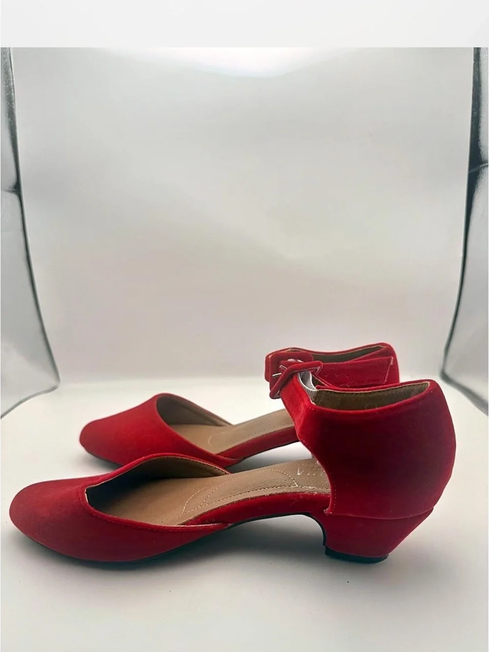 Amazon Red Suede Low Block Heel Ankle-Strap Pumps